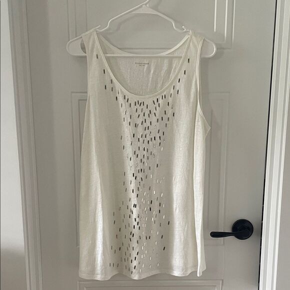 Eileen Fisher White Linen Tank Top with Silver Metallic Accents - Picture 1 of 7